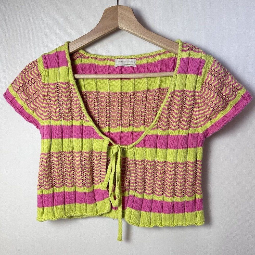 UO Cardigan Medium First Place Flyaway Cropped Sweater Pink Yellow Boho Beachy